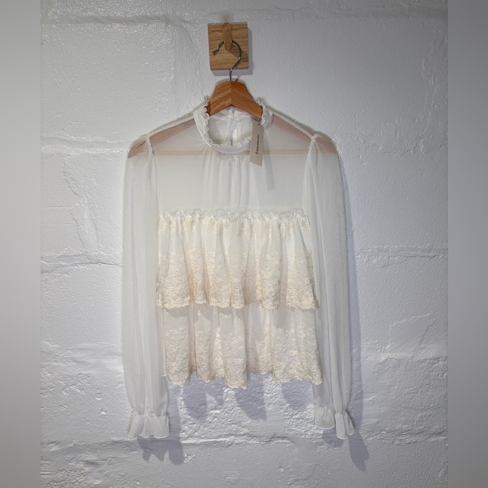 Francesca's NWT Collections Cream & White Sheer Lace Ruffle Blouse